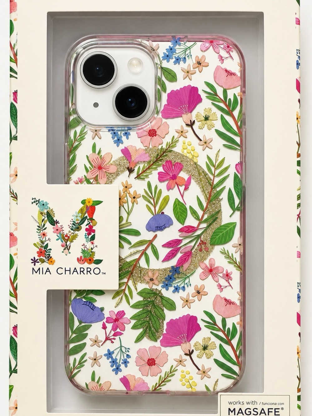Mia Charro Floral Glitter iPhone Case - White with Multicolor Floral Design